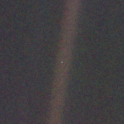 Detail of the "Pale Blue Dot" photo, showing Earth as seen from Voyager 1. Via Wikimedia Commons
